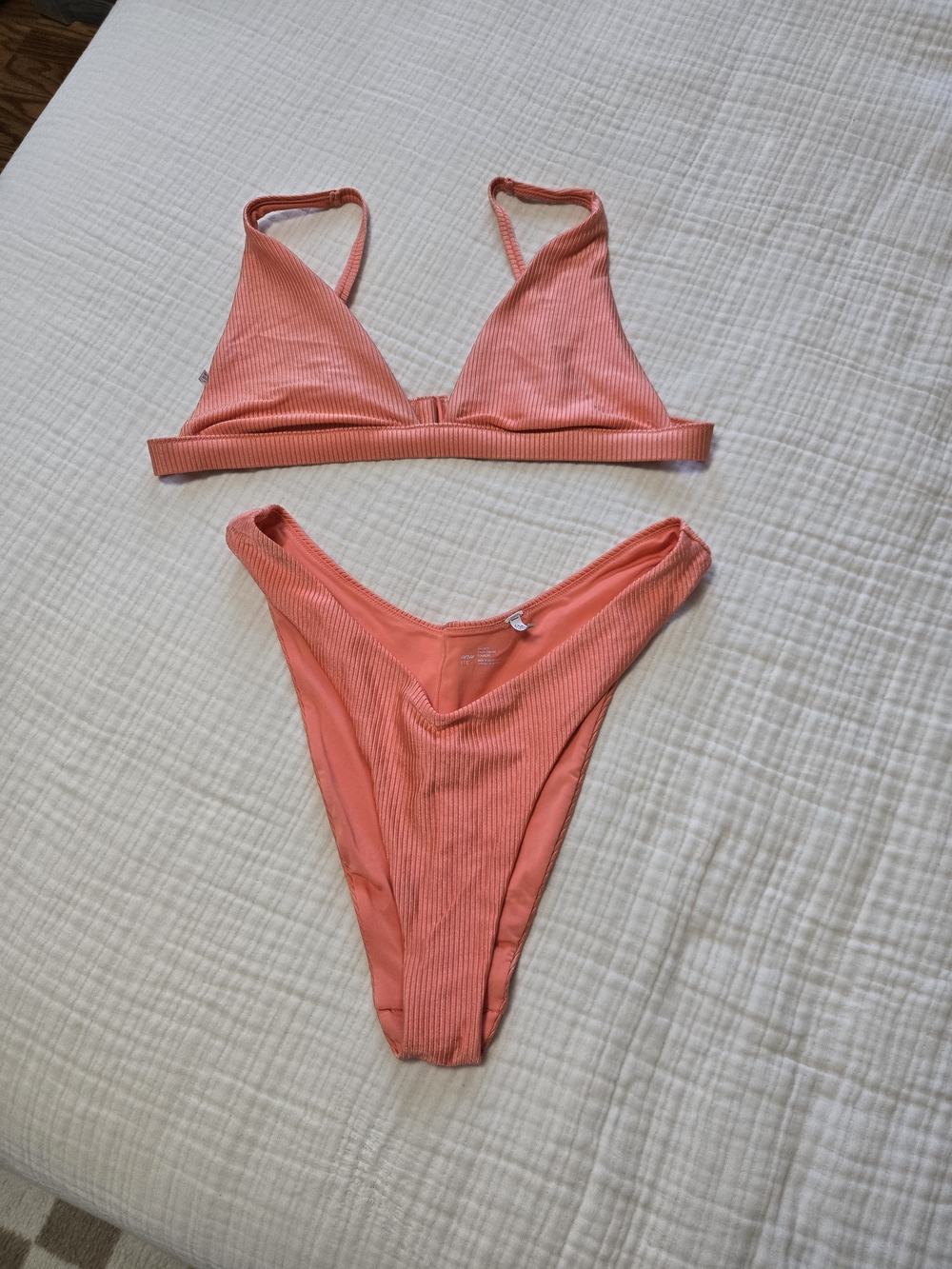 aerie Coral Ribbed Triangle Top And Cheekiest Bikini Bottom Size Large